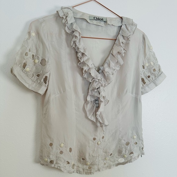 Chloe 100% silk light gray ruffled embellished blouse top - Picture 10 of 12